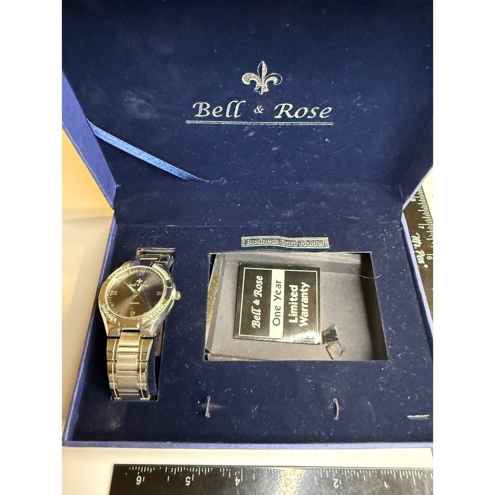 Bell & Rose Quartz Watch Silver Tone Crystal Bezel Grey Dial Stainless Steel Box